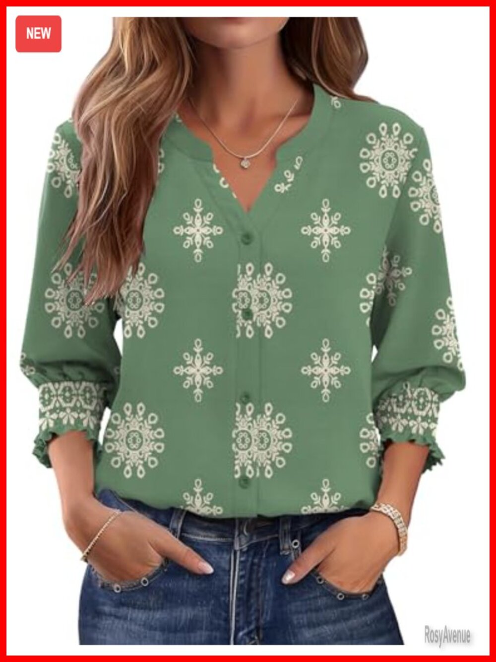 Women's 3/4 Sleeve Button Down Blouse Rayon Blend V-Neck Floral Peasant Top